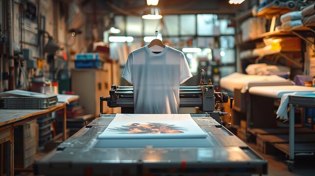 chic printing gear in a print business depicting an array of printed or printable t-shirts depicted 