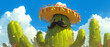 Cactus with mustache wearing Mexican hat againts cloudy blue sky, cinco de mayo festical theme