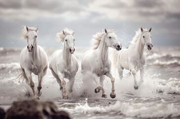 Wall Mural - white horses running on the beach, with water splashing around them