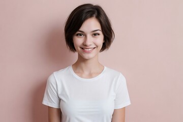 Wall Mural - Happy young transgender woman wearing a white shirt standing against a pink background with copy space.