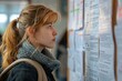 Female student looking over admissions results apprised over the campus announcement panel of university and space, Generative AI.