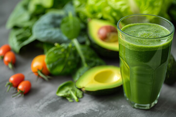 Wall Mural - A glass of green smoothie with fresh avocado and leafy vegetables