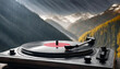 Turntable playing vinyl record, featuring high contrast and motion blur.