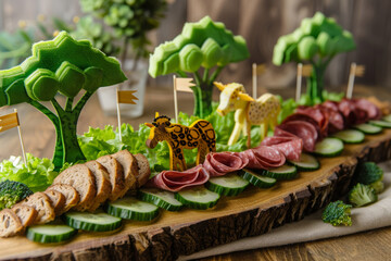 Wall Mural - Construct a safari scene using sandwich ingredients, with bread slices as the savannah, lettuce and cucumber slices as trees, and sliced deli meats as wild animals.