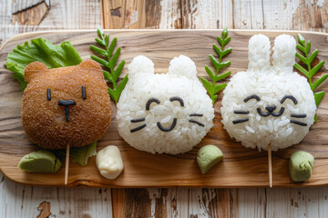 Wall Mural - A playful arrangement of onigiri rice balls, each shaped into a different animal, on a wooden cutting board, with food picks to create ears and tails, on a minimalist, light wooden table background.