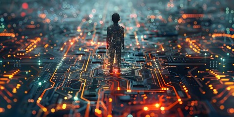Wall Mural - Interconnected Circuit Board Character Illuminating a Futuristic Grid of Genius with Copy Space on Dark Background