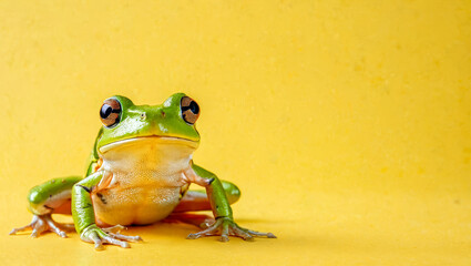 Green exotic frog on yellow background with copy space. Funny abstract green frog , isolated on yellow background banner