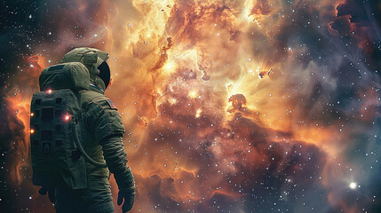 Poster - An astronaut gazing out at a mesmerizing nebula. Generative AI.
