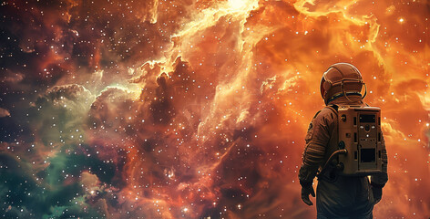 Poster - An astronaut gazing out at a mesmerizing nebula. Generative AI.