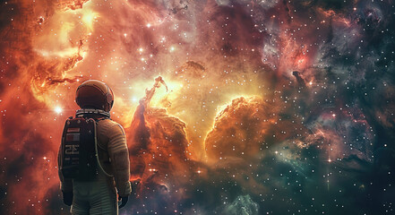 Poster - An astronaut gazing out at a mesmerizing nebula. Generative AI.