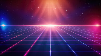 Abstract 80s retro neon synthwave background with grid and glowing light gradient