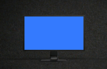 Poster - Mockup of modern desktop computer on dark background. blank blue screen display. front view