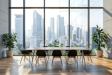 Wall Mural - Front view of the dining table in the dining area of a minimalist loft, with a view of the city skyline. Large windows provide a panoramic view of the urban landscape. 