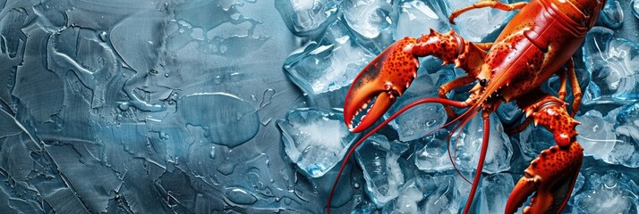 Wall Mural - horizontal banner for fish market, fresh seafood, big red lobster lying on crushed ice, ice cubes, food preservation, blue background, copy space, free space for text