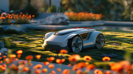 Poster - Smart mower, futuristic look, smooth and flat surface, heavy body design. Generative AI.