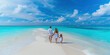 Family on the background of a tropical beach. Holidays and travel