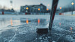 A detailed view showcasing an ice hockey stick positioned on the ice rink, poised to strike the hockey puck with precision and power.