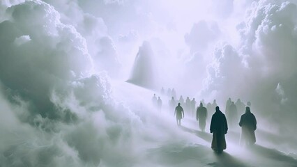 Canvas Print - people walking to the light in heaven. Standing in a row waiting to go to heaven in white clouds. Christian prayers are in queue praying to the Jesus. Believe in God 4k video