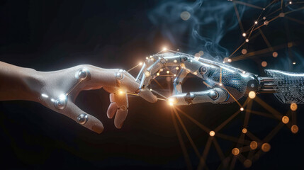 Leinwandbilder - The hand of a human and robot touching each other with digital connection lines on a dark background, concept for future technology or business teamwork in the style of AI. Generative AI.