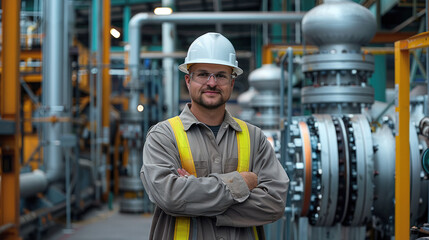 Fototapete - A worker with a hard hat standing in front of technical factory equipment. Generative AI.