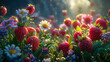 A magical scene with radiant wild berries and blossoming flowers bathed in the golden sunrise light
