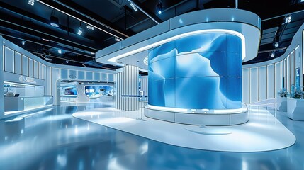Poster - Creative medical exhibition island booth, blue white colors curved with curved screen hanging from ceiling. Generative AI.