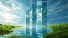 An Abstract Background With A Blue Sky And Green Landscape, Featuring Three Glass Skyscrapers On The Horizon. Generative AI.