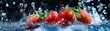 A bunch of ripe strawberry, with water droplets, falling into a deep blue-black water tank