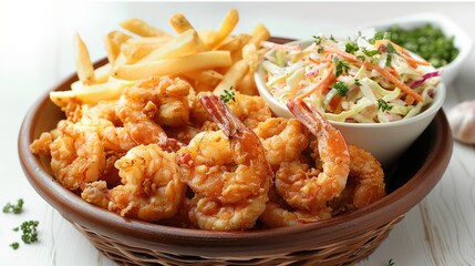 A mouthwatering basket of fried shrimp served with a mound of seasoned fries and a side of creamy coleslaw, on isolated white background. Generative AI.