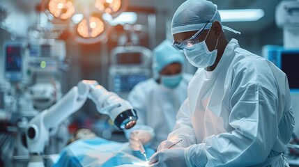 Poster - Doctor and AI robotic arm assistant helping to do the operation patient in operating room. Generative AI.