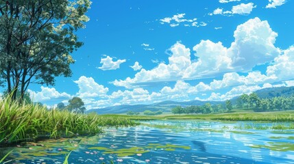Wall Mural - Whimsical scene portraying a vast field of white flowers against a backdrop of azure sky, conjuring a sense of purity and tranquility amidst nature's serene beauty.