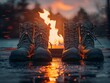 Two pairs of boots are standing in front of a fire. The scene has a warm and cozy feeling, as if the boots are waiting to be worn in a cold and snowy environment