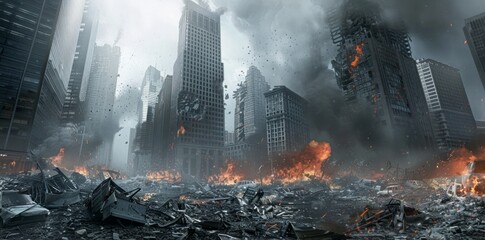 devastating aftermath of a city ravaged by disaster, depicting crumbling buildings and scattered deb