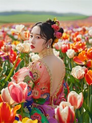 Wall Mural - Asian woman with white skin in elegant lace dress standing in a field of tulips.