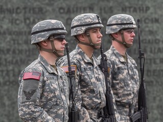 Wall Mural - Three soldiers stand in a line, each holding a rifle. The soldiers are wearing camouflage uniforms and are standing in front of a wall with the words 