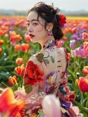 Wall Mural - Asian woman with white skin in elegant lace dress standing in a field of tulips.