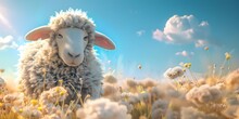 Fluffy Sheep Character Relaxing In Serene Pastoral Meadow With Wispy Clouds And Lush Greenery