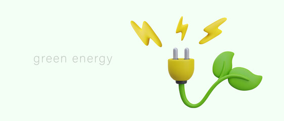 Green energy concept. Plant with plug instead of flower, lightning around