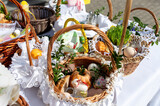 Fototapeta Niebo - Traditional Easter basket. Easter modern eggs, easter bread