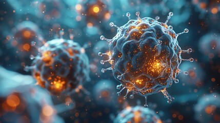 Poster - Close-Up View of Glowing Viruses Against a Dark Background