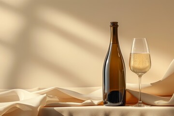 Mockup bottle of wine is on a shelf next to a wine glass