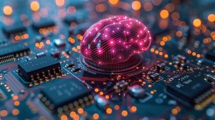 Aufkleber - Illuminated Brain Model on Circuit Board Representing AI and Machine Learning