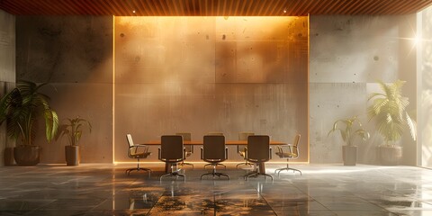 Poster - Illuminated Modern Conference Room with Empty Table Spacious and Bright Interior Design for Business Meetings and Corporate Discussions