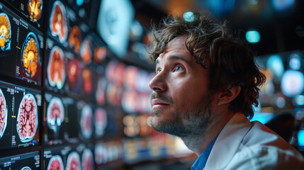 Poster - Man Examining Display of Brain Images