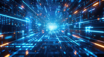 Poster - Abstract futuristic background with blue glowing digital hologram of cyber space interior with lines and cubes on dark black. Generative AI.