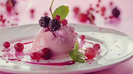 Wall Mural - Tasty sweet pink dessert of blackcurrant fruits on the plate. AI generated image