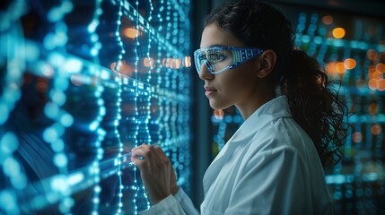 Aufkleber - Female Data Scientist Analyzing Information on a Digital Screen in a Dark Room