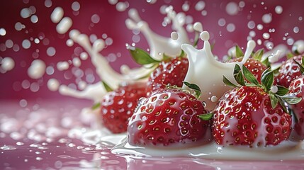 Wall Mural - Fresh, vibrant red strawberries splashing with milk. White milk spatters against a pink background, beautifully contrasting with the red berries. Water droplets. Generative AI.