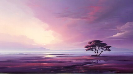 Wall Mural - purple sky landscape, amazing view for banner, poster, web. generative ai