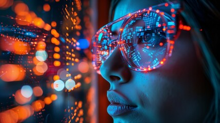 Poster - Woman With Reflective Glasses Admiring City Lights at Night